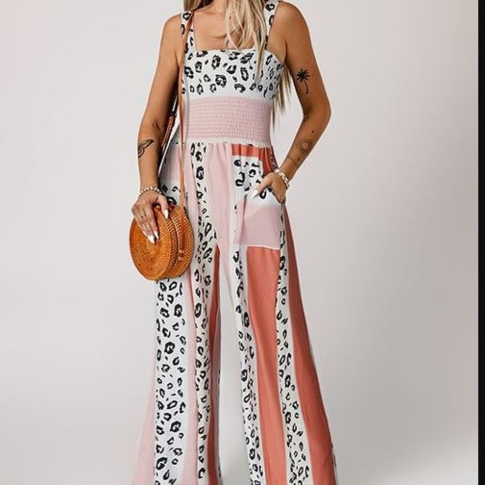 Anthropology Pink & Coral Leopard Patchwork Smocked Wide-Leg Jumpsuit